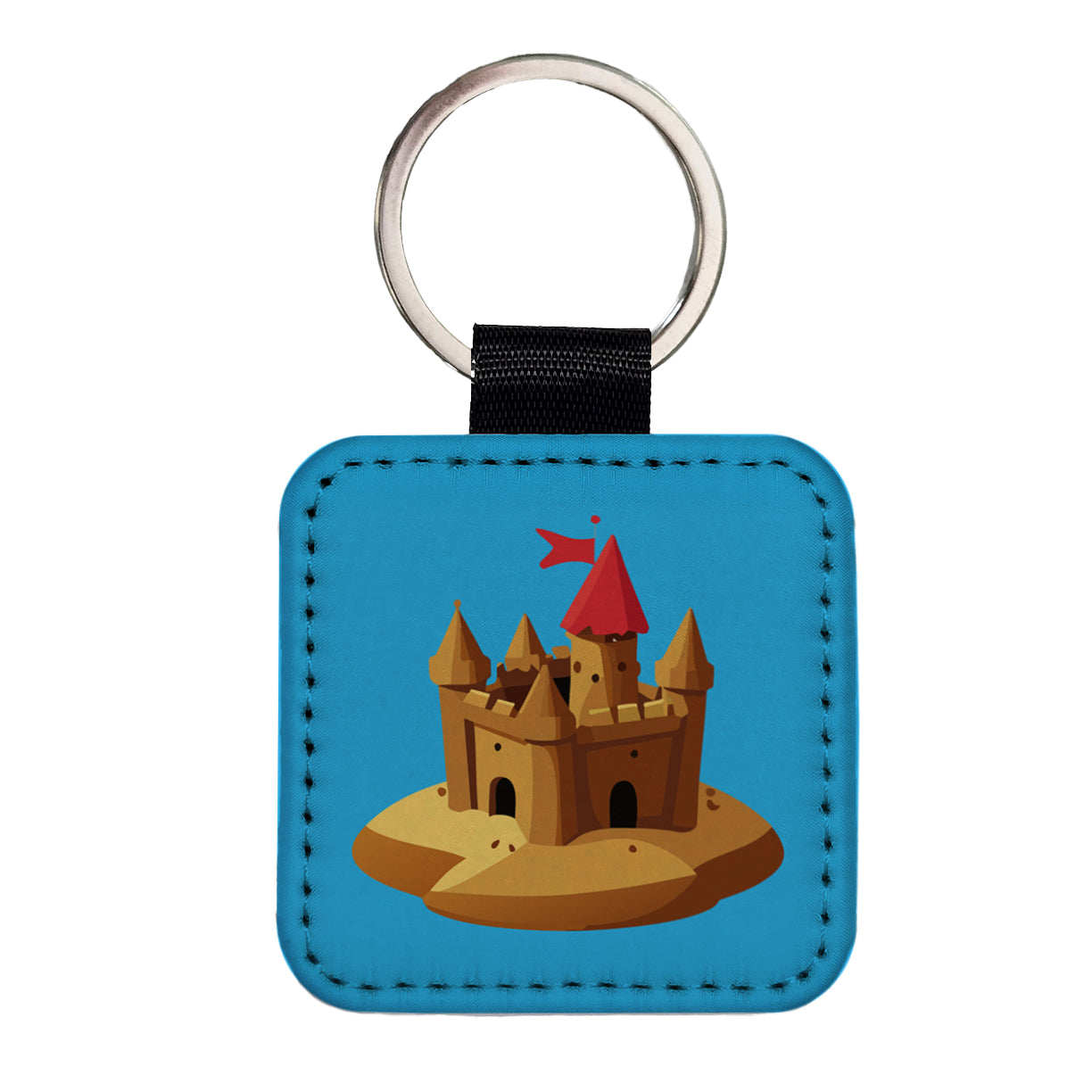 Sand Castle Beach Square Faux Leather Keychain