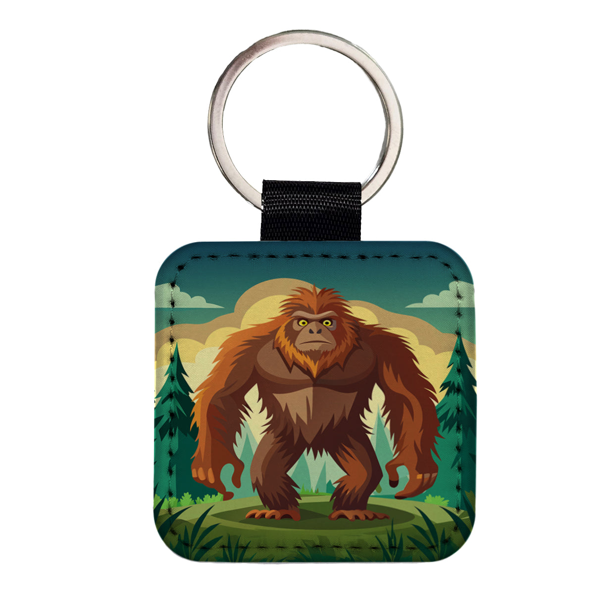 Sasquatch Big Foot Drawing Square Faux Leather Keychain