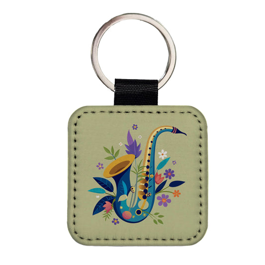 Saxophone Instrument Music Floral Motif Square Faux Leather Keychain