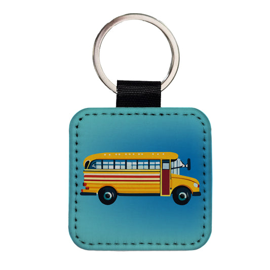 School Bus Square Faux Leather Keychain