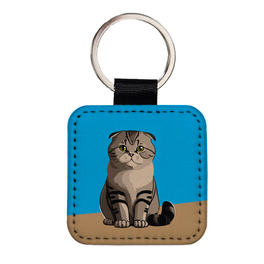 Scottish Fold Cat Sitting Square Faux Leather Keychain