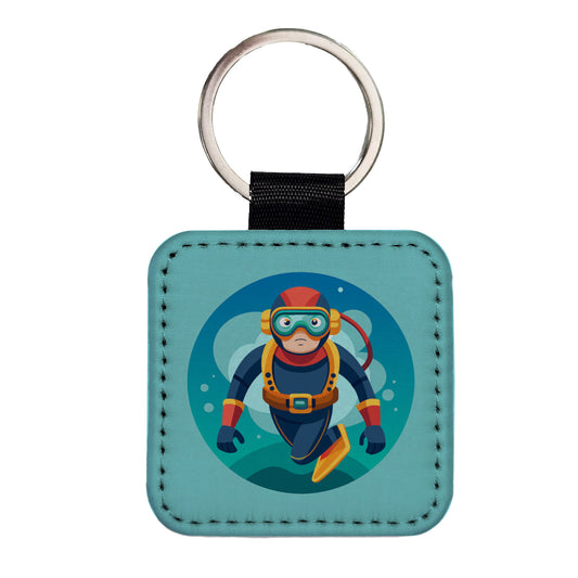 Scuba Diver Diving Square Faux Leather Keychain