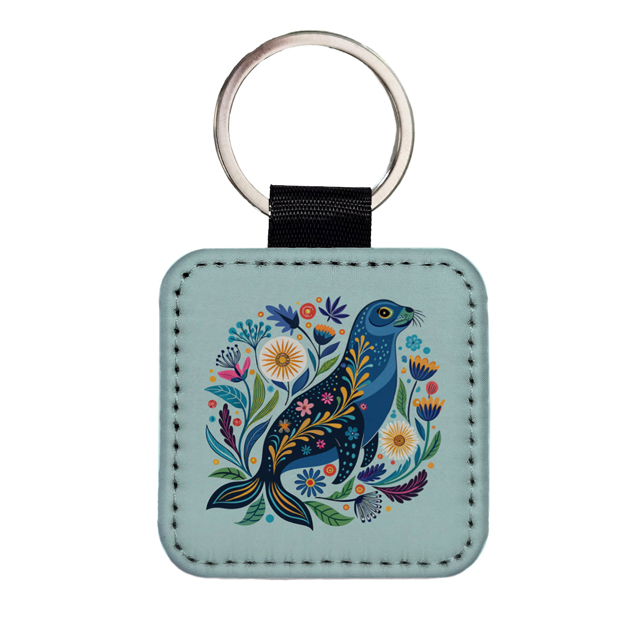 Sea Lion Floral Flowers Square Faux Leather Keychain
