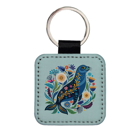 Sea Lion Floral Flowers Square Faux Leather Keychain