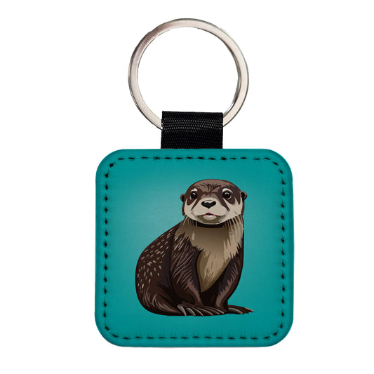 Sea Otter Cute Ocean Animal Square Faux Leather Keychain