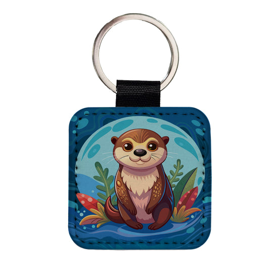 Sea Otter Cute Square Faux Leather Keychain