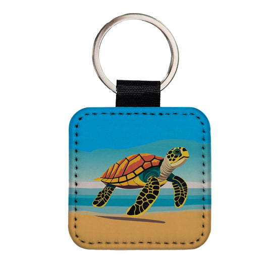 Sea Turtle Swimming Square Faux Leather Keychain