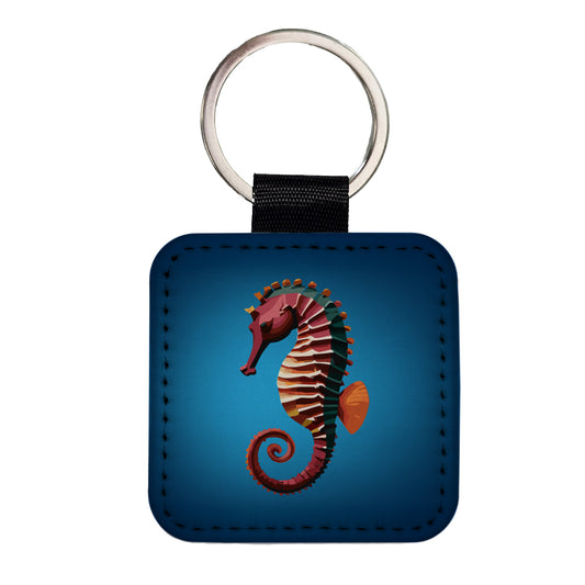 Seahorse Sea Horse Ocean Square Faux Leather Keychain