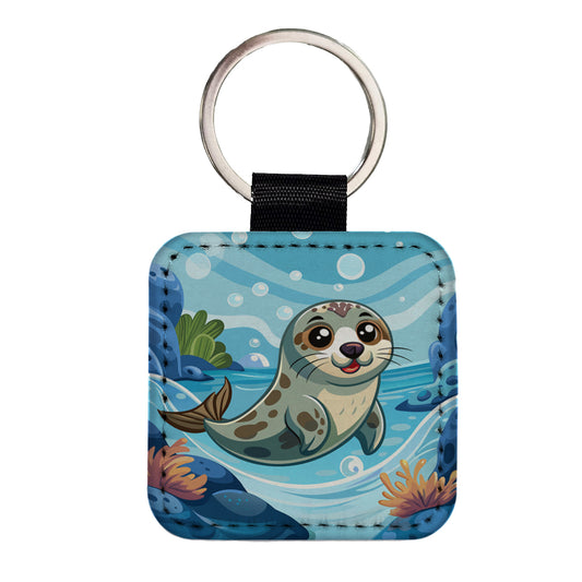 Seal in Water Cute Square Faux Leather Keychain