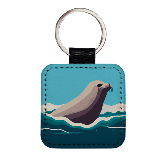 Seal Swimming in Ocean Sea Square Faux Leather Keychain