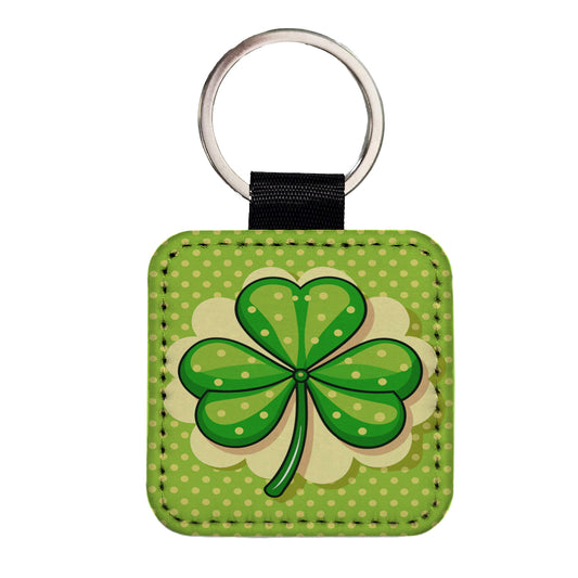 Shamrock on Polka Dot Background Saint Patrick's Day Square Faux Leather Keychain