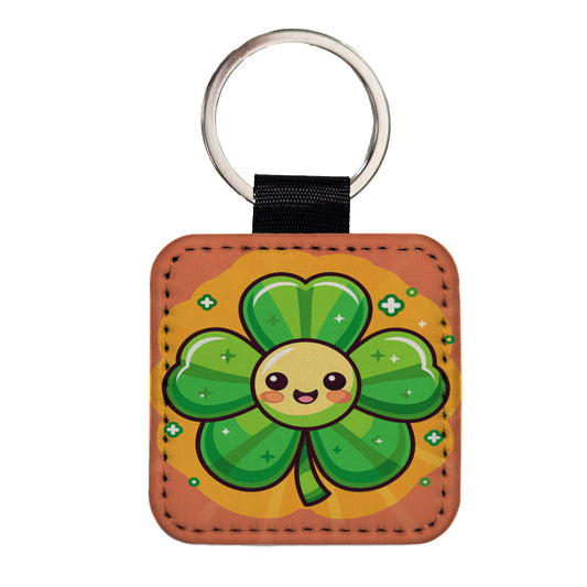 Shamrock Smiling Cute Square Faux Leather Keychain