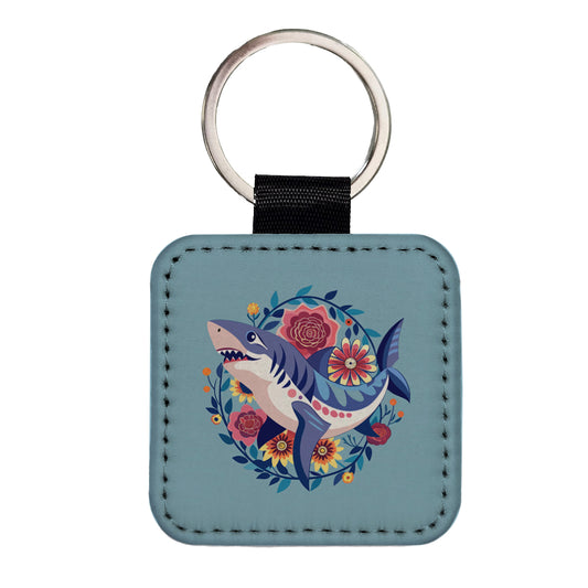 Shark Floral Flowers Square Faux Leather Keychain