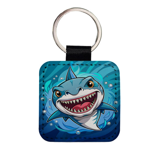 Shark in Ocean Scary Square Faux Leather Keychain