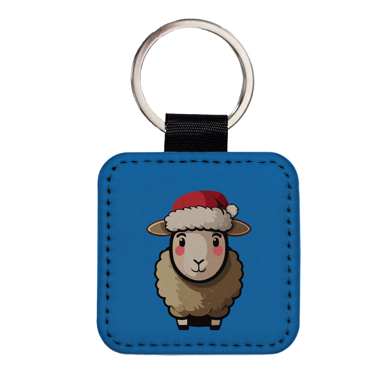 Sheep Christmas Santa Hat Square Faux Leather Keychain