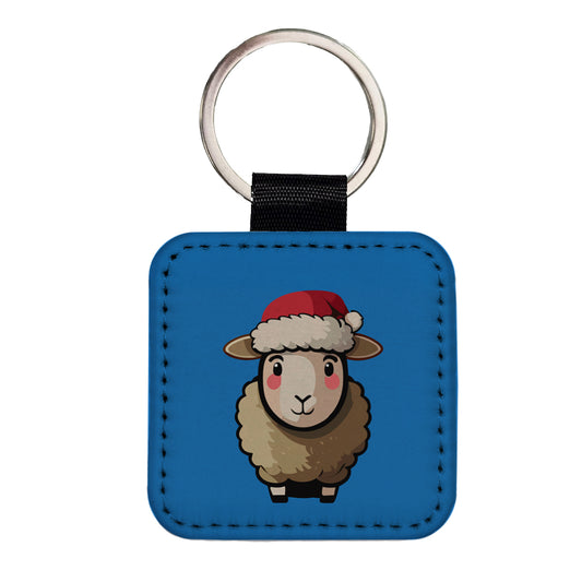 Sheep Christmas Santa Hat Square Faux Leather Keychain
