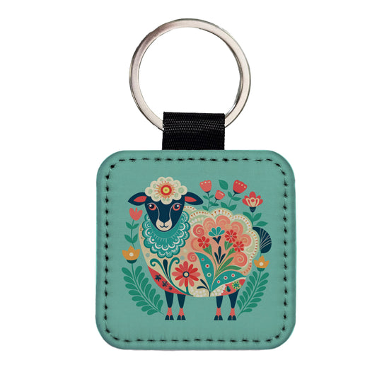 Sheep Floral Flowers Square Faux Leather Keychain