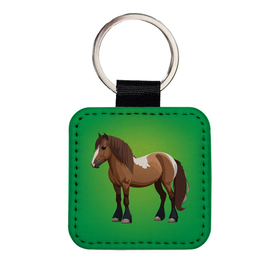 Shetland Pony Horse Standing Square Faux Leather Keychain
