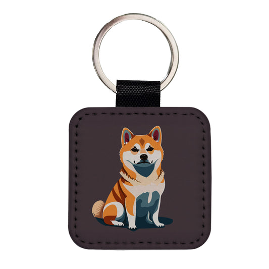 Shiba Inu Dog Sitting Square Faux Leather Keychain
