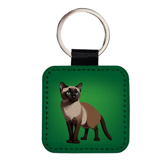 Siamese Cat Standing Square Faux Leather Keychain