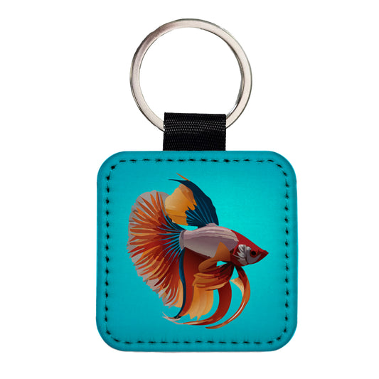 Siamese Fighting Fish Betta Freshwater Square Faux Leather Keychain
