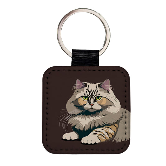 Siberian Cat Crouched Square Faux Leather Keychain