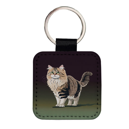Siberian Cat Standing Square Faux Leather Keychain