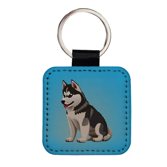 Siberian Husky Dog Sitting Square Faux Leather Keychain