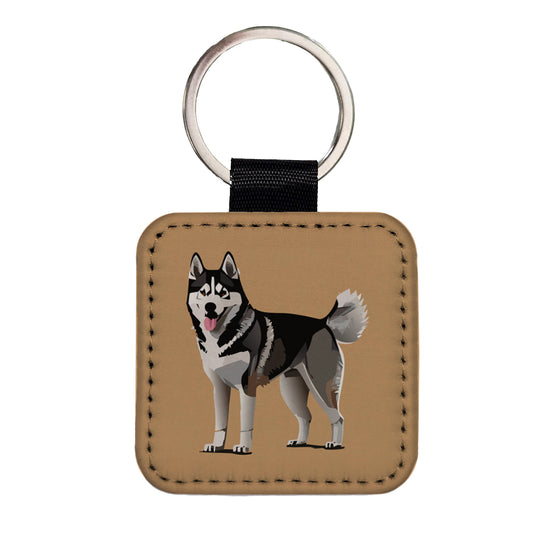 Siberian Husky Dog Standing Square Faux Leather Keychain