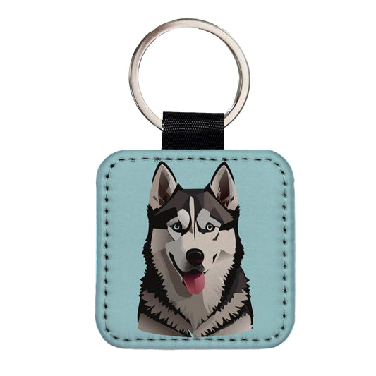 Siberian Husky Dog Tongue Out Square Faux Leather Keychain