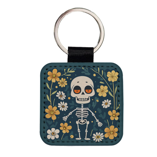Skeleton and Flowers Funny Halloween Square Faux Leather Keychain