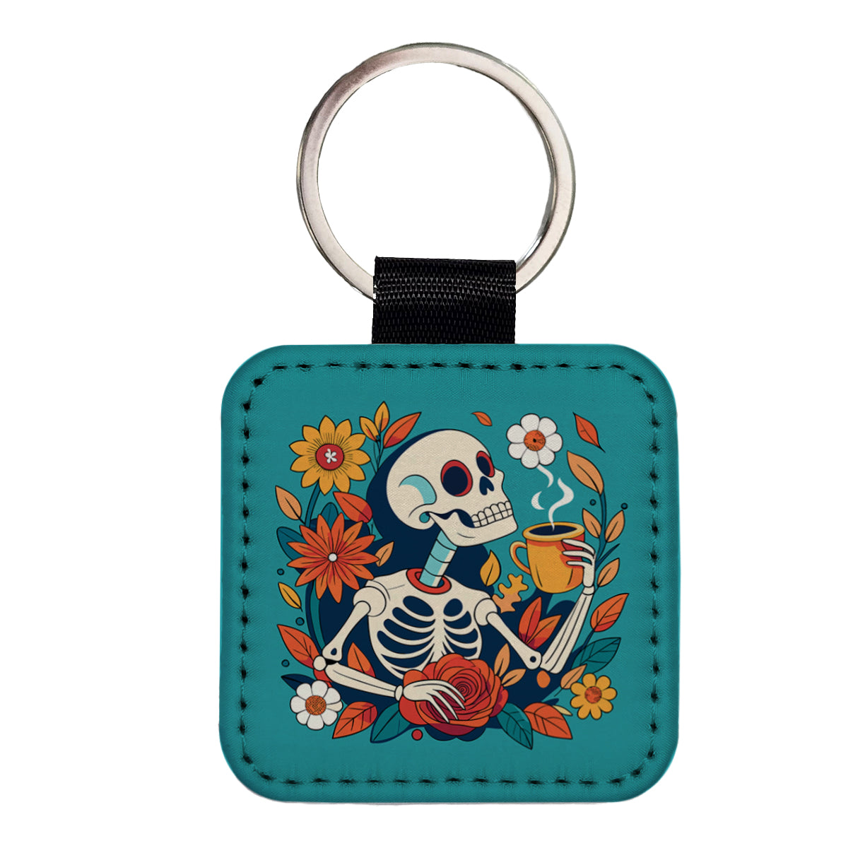 Skeleton Drinking Coffee Funny Floral Flowers Square Faux Leather Keychain