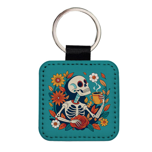 Skeleton Drinking Coffee Funny Floral Flowers Square Faux Leather Keychain