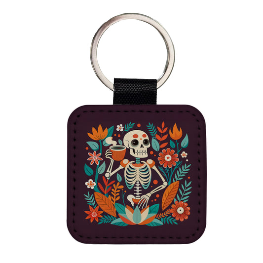 Skeleton Drinking Tea Funny Floral Flowers Square Faux Leather Keychain
