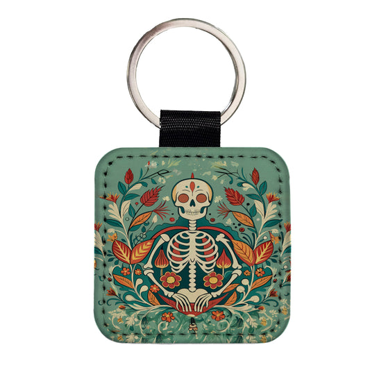Skeleton Floral Art Nouveau Flowers Elegant Square Faux Leather Keychain