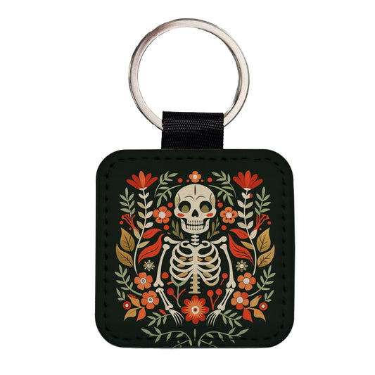 Skeleton Floral Flowers Square Faux Leather Keychain