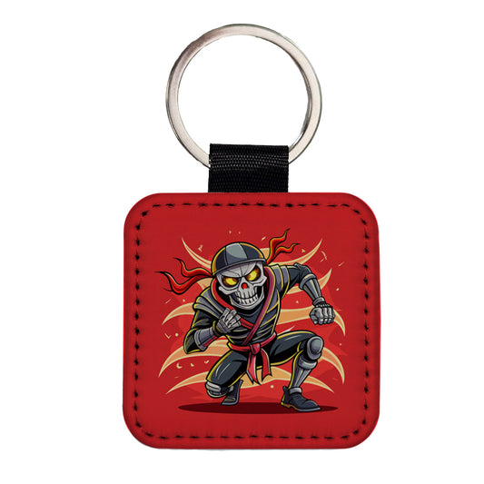 Skeleton Ninja Fighting Warrior Square Faux Leather Keychain
