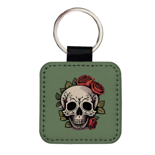 Skull and Roses Square Faux Leather Keychain