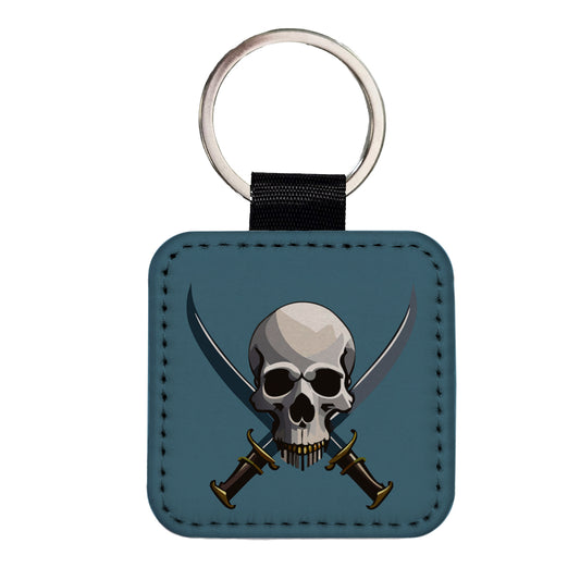 Skull Pirate Crossed Swords Square Faux Leather Keychain
