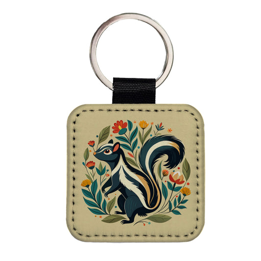 Skunk Floral Flowers Square Faux Leather Keychain