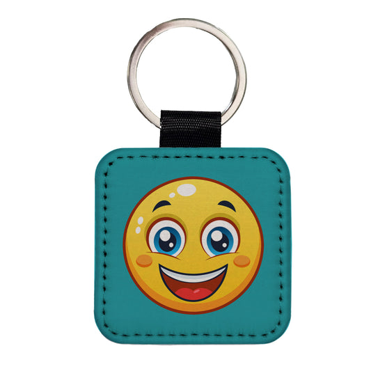 Smiling Face Happy Square Faux Leather Keychain