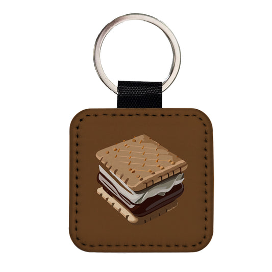 S'mores Marshmallow Camping Food Square Faux Leather Keychain