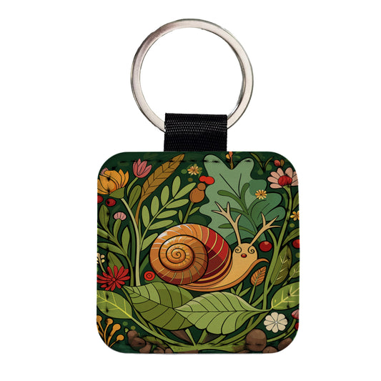 Snail Botanical Art Nouveau Square Faux Leather Keychain
