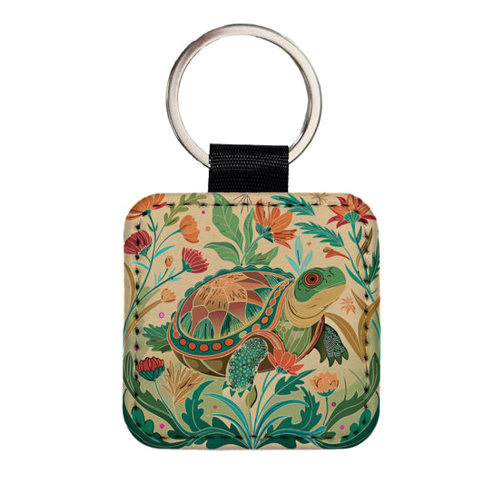 Snapping Turtle Botanical Art Nouveau Square Faux Leather Keychain