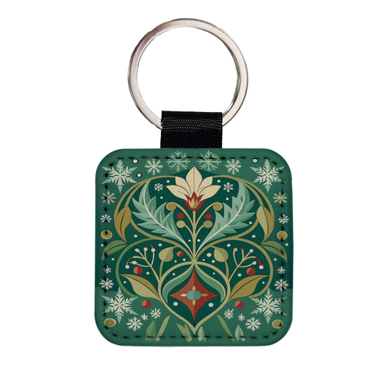 Snowflakes Winter Art Nouveau Square Faux Leather Keychain