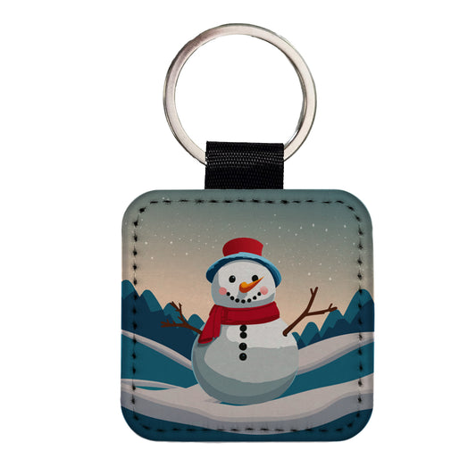 Snowman Happy Winter Christmas Square Faux Leather Keychain
