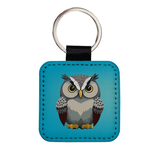 Snowy Owl Staring Square Faux Leather Keychain