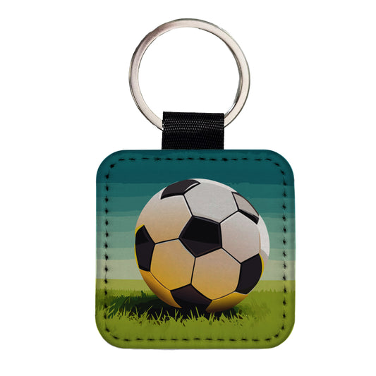 Soccer Ball Sport Square Faux Leather Keychain