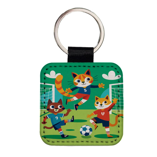 Soccer Cats Playing Ball Field Square Faux Leather Keychain