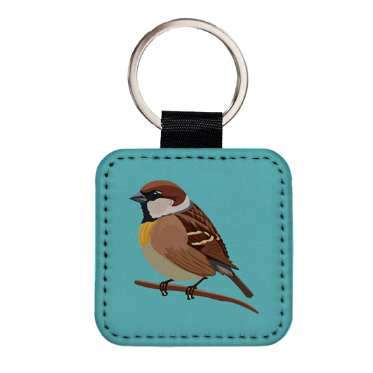 Sparrow Bird on Branch Square Faux Leather Keychain